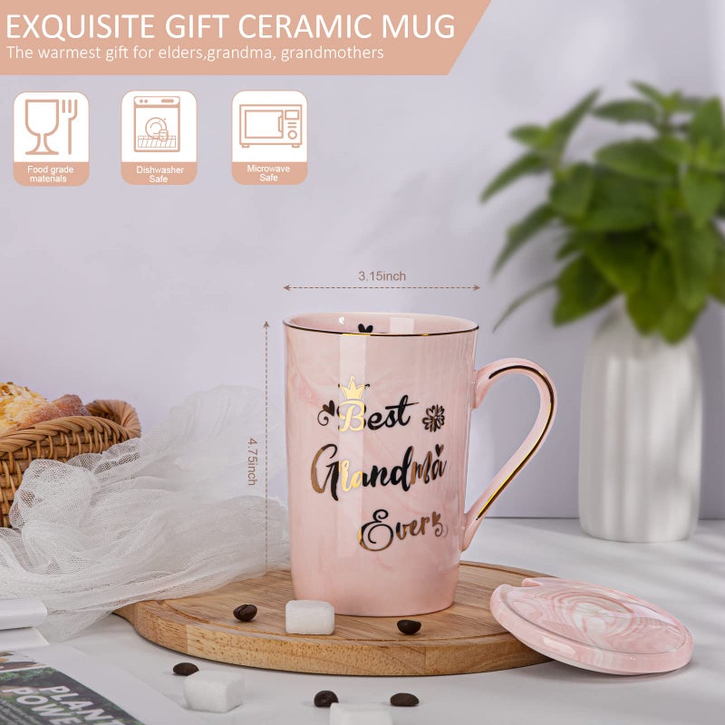 Doublewhale Gifts for Grandma - Best Grandma Ever Mug, Unique Christmas Birthday Gifts for New Grandmas from Granddaughter Grandson - 14Oz Pink Marble Ceramic Coffee Mugs Print with Gold - Lid Spoon Card, Box - Image 3